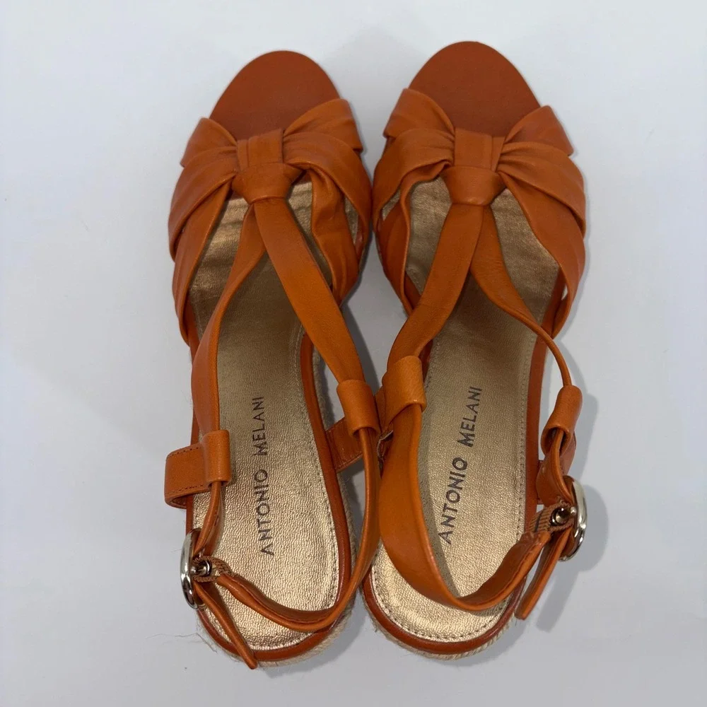 Antonio Melani Orange Leather Espadrille Wedge Sandals Bow Ankle Strap Size 8M
